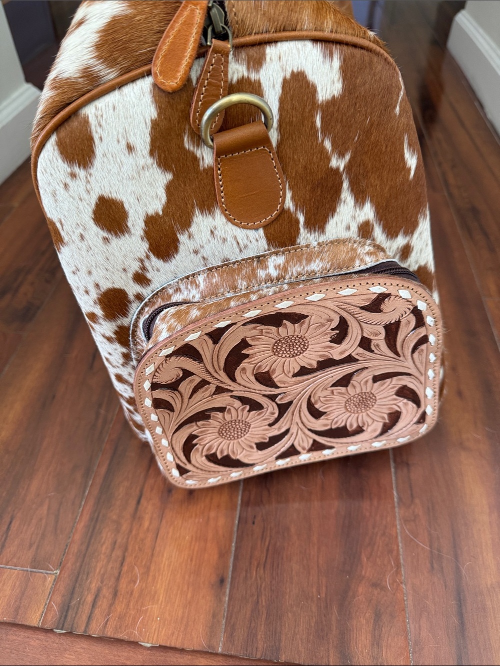 HugeCowhide Pattern Travel Tote Bag in Brown & White with Tooled Leather Accents - Picture 2 of 5